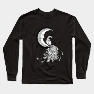 Wonderful peacock on a moon in black and white Long Sleeve T-Shirt